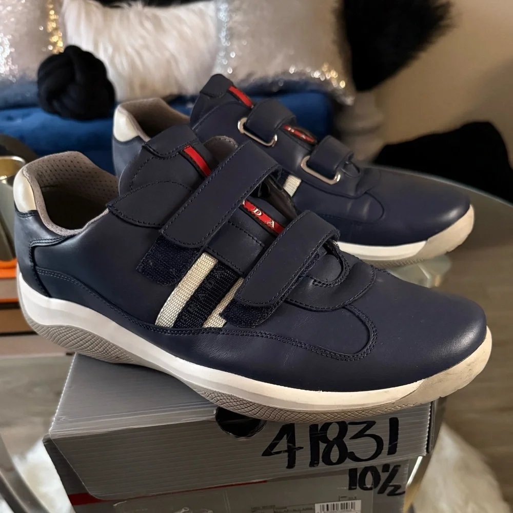 Prada Men's Navy Sneakers with White and Red Details - Picture 2 of 13
